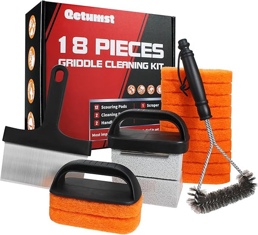Griddle Cleaning Kit for Blackstone, 18 Pieces Flat Top Grill Cleaning Kit with Durable Scraper, Grill Brush, Cleaning Brick and Scouring Pads, Griddle Accessories Set for Easy Restoration