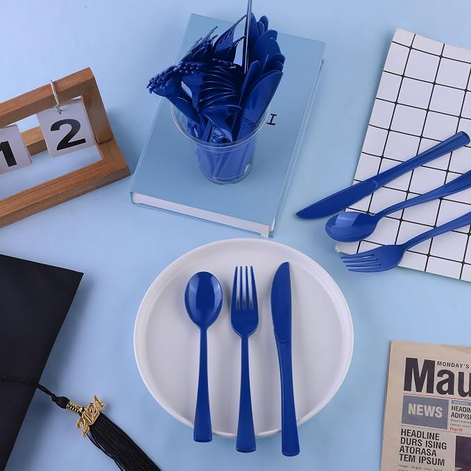 Kochorie 300 Pieces Graduation Dark Blue Plastic Silverware Heavy Duty Plastic Cutlery Set Heavyweight Disposable Flatware Includes Spoons Forks Knives for Birthday Party Prom Night Wedding Dinner