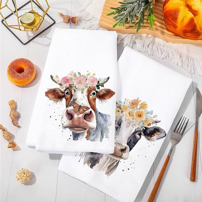 JarThenaAMCS Floral Cow Kitchen Towel 18 x 28 Inch Cute Cow Print Dishcloth Watercolor Decorative Hand Drying Tea Towel for Baking Cooking Cleaning Party Supplies, 6Pcs