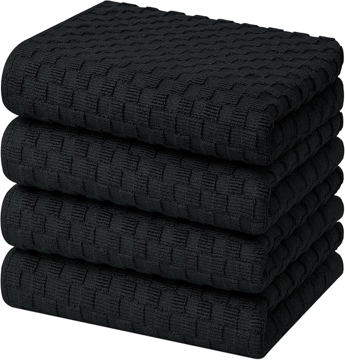 Homaxy 100% Cotton Terry Kitchen Towels(15" x 25", 4 Pack), Soft and Super Absorbent Dish Towels, 380 GSM Reusable Tea Towel with Hanging Loop, Pineapple Grid Designed, Black