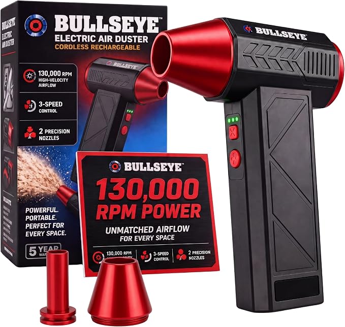 BULLSEYE Blaster 130000 RPM Electric Air Duster, Rechargeable Cordless Compressed Air Blower for Computer Cleaning, Keyboard, Electronics, Car Detailing, 3 Speed Turbo, 2 Nozzles – As Seen on TV