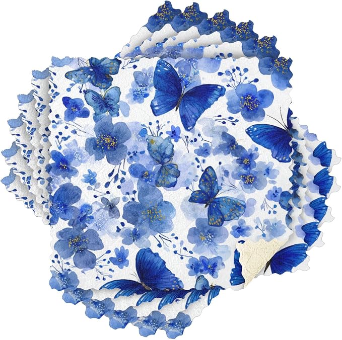 Watercolor Blue Butterfly Kitchen Towels Dish Cloths Set of 6 Microfiber Cleaning Cloths for Cars Super Absorbent Machine