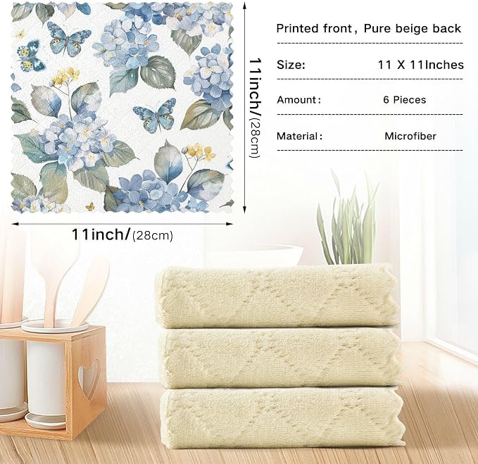 Blue Hydrangea Butterfly Kitchen Towels Dish Cloths Set of 6 Microfiber Cleaning Cloths for Cars Super Absorbent Machine