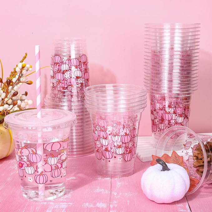 JarThenaAMCS 50Pcs Fall Plastic Cups with Lids and Straws 12oz Party Cups Pink White Pumpkin Disposable Cold Beverage Drinking Cup for Autumn Thanksgiving Party Supplies