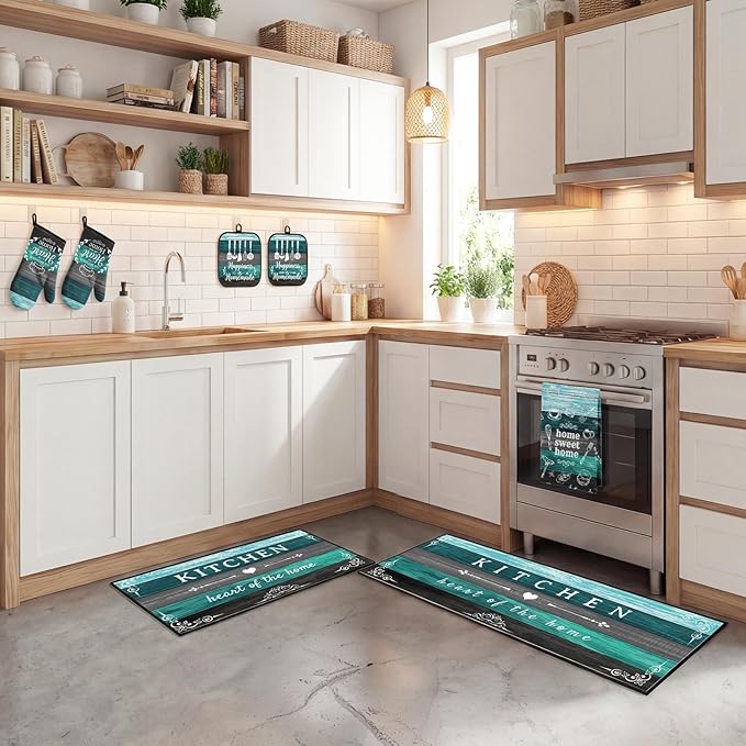 10 Pcs Teal Turquoise Kitchen Decor and Accessories Set, 4 Dish Towels Kitchen Rugs 2 Oven Mitts 2 Pot Holders, Home Decor for Cooking Baking BBQ Gifts Women Mom Housewarming