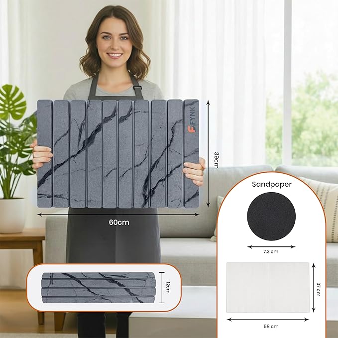 Stone Drying Mat for Kitchen Counter - Large Slats Dark Gray Foldable Diatomaceous Earth Dish Drying Mat | oldable and Super Absorbent Dish Drying Stone Mat (10 Slats - Large)