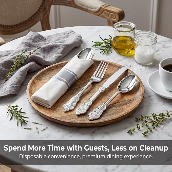 Liacere 400PCS Silver Plastic Silverware - Pre Rolled Napkins Disposable Silver Cutlery-Premium Quality Gold Plastic Utensils - Includes 100Forks,100Knives,100Spoons,100Napkins For Wedding & Party