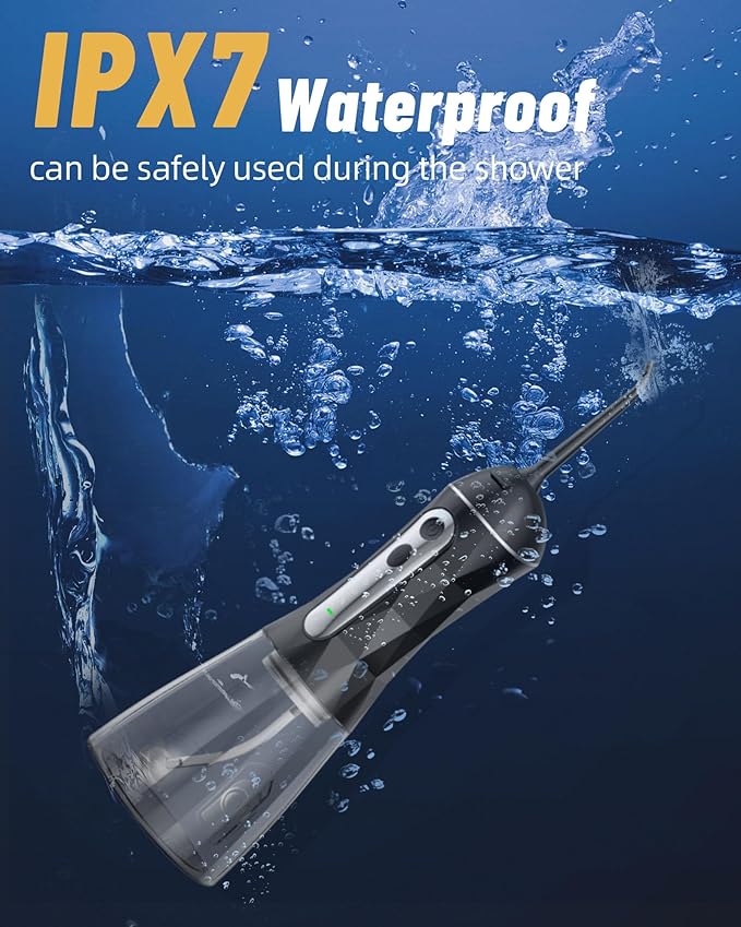 Electric Water Dental Flosser - Cordless Portable Teeth Cleaner, Rechargeable 320ML Larger Water Tank Oral Irrigator, 4 Modes with 5 Jet Tips and Travel Bag, IPX7 Waterproof (Black)