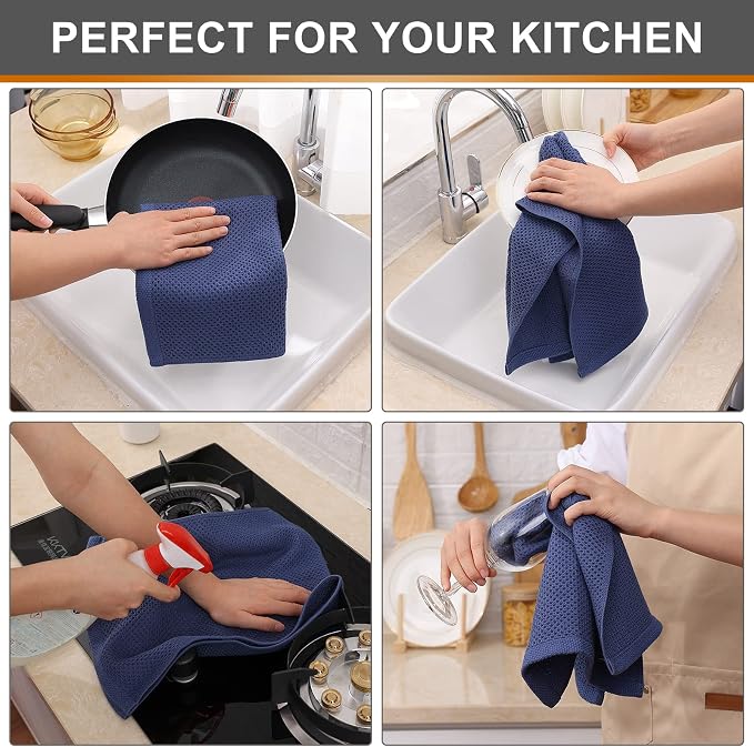 Kitinjoy 100% Cotton Waffle Weave Kitchen Hand Towels (13 x 28 Inches, Navy Blue), 4-Pack Super Soft and Absorbent Dish Towels for Drying Dishes