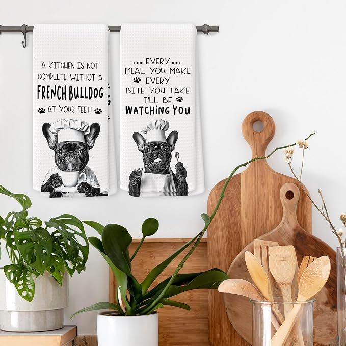 Funny French Bulldog Dog Kitchen Towels 16x24 Inch Set of 2 | French Bulldog Lovers Gifts for Women Men Dish Tea Towels for Kitchen, Dog Lover Mom Dad Owner Gifts Decorative Hand Towel