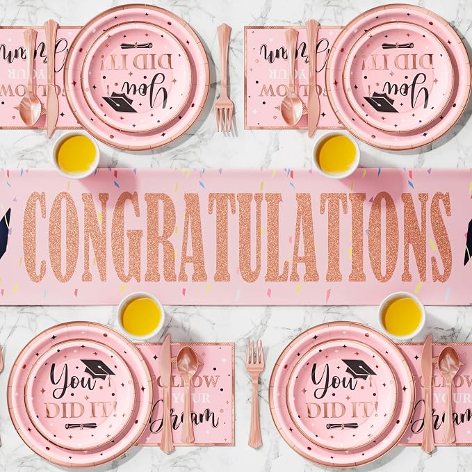 Graduation Decoration Class of 2026 Pink Graduation Decoration 175 PCS - Rose Gold Grad Party Supplies Disposable Dinnerware (Serves 25) Paper Plates Cup Napkin Fork Knife Spoon (Pink & Black)