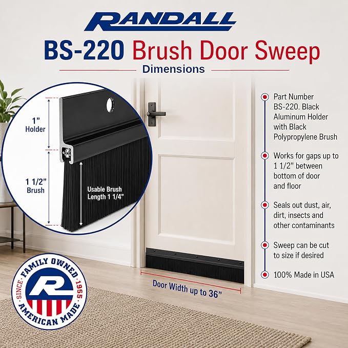 Black Aluminum & Long-Brush Door Sweep – 3 ft (36″) – Seals Gaps Up to 2″ – Pre-Drilled with Color-Matched Screws – All-USA Made Weatherseal for Doors, Garage, Exterior & Interior