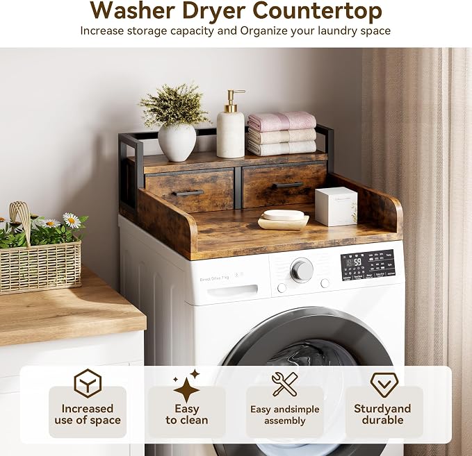 2-Tier Washer Dryer Countertop, Washing Machine Countertwith Shelf and 2 Drawers, Washer and Dryer Topper with High Guardrails, Smooth Edges, for Laundry Hamper Counter Storage Organization
