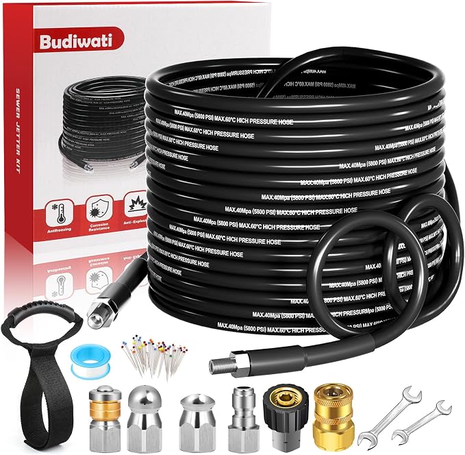 100 FT Sewer Jetter Kit for Pressure Washer, 5800 PSI High-Pressure Drain Cleaning Hose, 1/4 Inch NPT with 3 Nozzles, Watertight Tape, Handle Strap & 2 Spanners, Drain Cleaning Solution