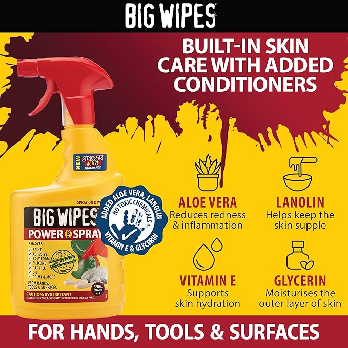 BIG WIPES Power Spray Heavy Duty Cleaning Solution for Tough Grime, Garage, Shop, and Professional Jobsite Use - 32 Ounces (8 Pack)