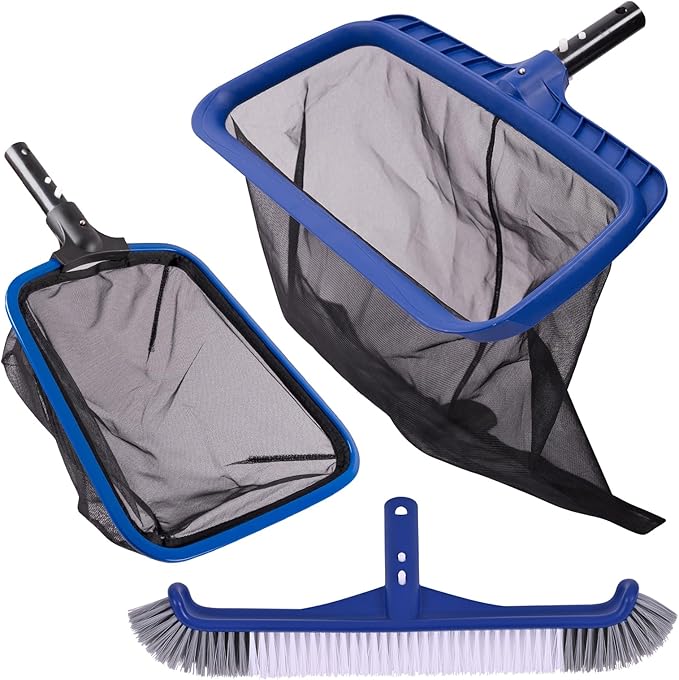 POOLAZA Pool Net Skimmer with Sturdy Frame &17.5" Professional Pool Brushes & Durable Fine Mesh Pool Net Skimmer
