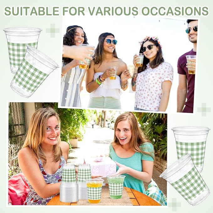 Qinyoung Checkered Plastic Cups 12oz Gingham Party Disposable Cups Bulk Drinking Cup for Cold Drinks Baby Shower Wedding Summer Birthday Party Supplies(Sage Green and White,50 Pcs)