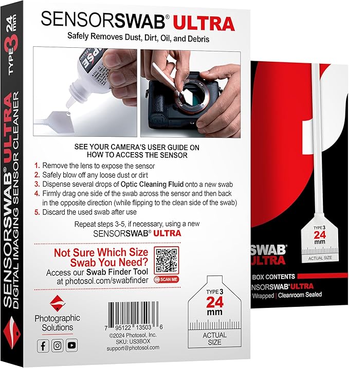 Photographic Solutions Sensor Swab Ultra 24mm Type-3 Digital Imaging Sensor Cleaner Swabs for Cleaning Full Frame Mirrored or Mirrorless Cameras. Sensor Dust & Oil Remover (Pack of 12)