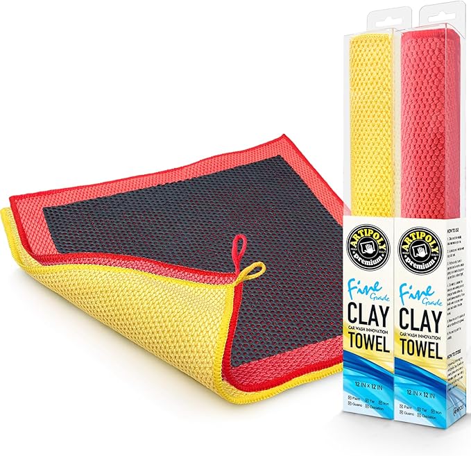 ARTIPOLY Clay Decontamination Towel 2pack- Professional Detail Products - Proven Cleaning & Release of Paint Contaminants; Increase Wax & Sealant Bond; Enhance Paint Gloss & Color; Fine Grade (12x12”)