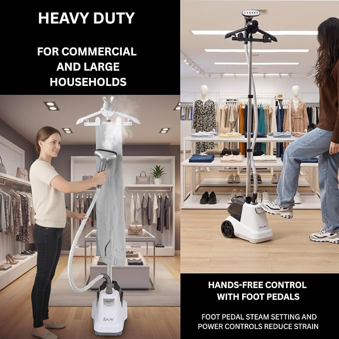 SALAV Heavy Duty Commercial Full-Size Garment Steamer with Foot Pedals and Extra Large 3L (101.5 oz) Water Tank, 1800 watts, 90+min of Continuous Steam (White)