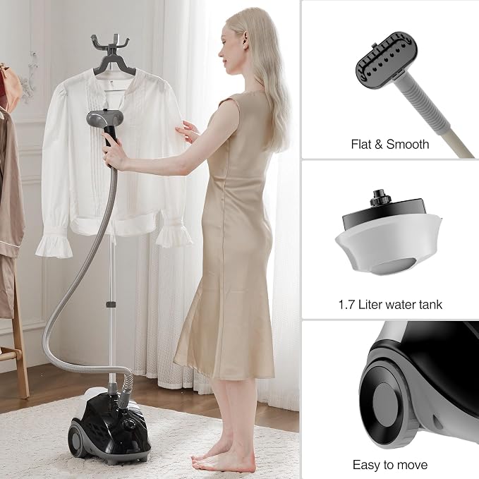 Sweetcrispy Garment Steamer for Clothes Standing, 1500W Powerful Clothes Steamer Standing with Wheels, 1.7L Water Tank for 55 Min Continuous Steaming, Professional Wrinkle Remover Heats in 45 Seconds