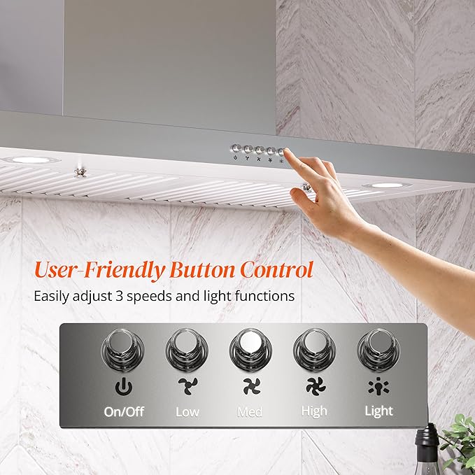 FIREGAS Wall Mount Range Hood 30 Inch, 600 CFM Ducted/Ductless Convertible Stainless Steel Kitchen Vent Hood with 3 Speed Fan, LED Lights and Push Button Control