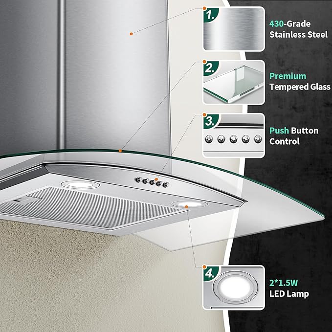 Range Hood 30 Inch, Tieasy Wall Mount Kitchen Hood with Ducted/Ductless Convertible Duct, Stainless Steel Chimney and Aluminum Filters, LED Lights, 3 Speed Fan, Push Button