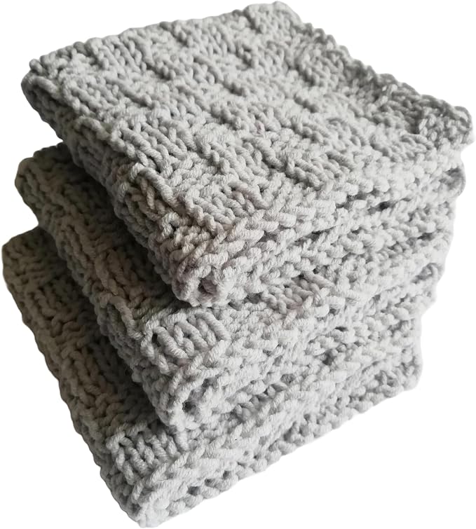 Light Grey Cotton Set 3 Dishcloths Kitchen scowing pad Drink Absorbent Reusable Washcloth Handmade Ecology Rags Knitwear