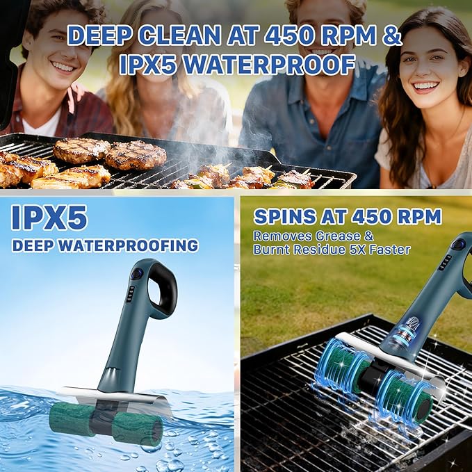 Hillyfe Electric Grill Brush, Bristle-Free Dual Rotating Heads, 450 RPM with LED Light, 120-Minute Runtime, IPX5 Waterproof, 4 Scouring Pads, Extended Handle, Safe for All Kinds of BBQ Grills, Blue