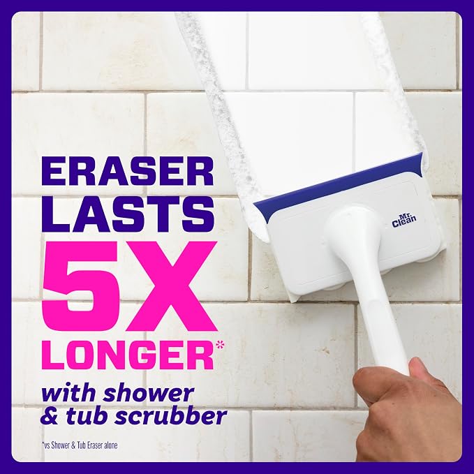 Mr. Clean Magic Eraser Shower & Tub Scrubber, Bathroom Cleaner, All in One Bathroom Cleaner, Lemon Starter Kit, 1 Scrubber & 2 Foaming Magic Erasers (Pack of 8)