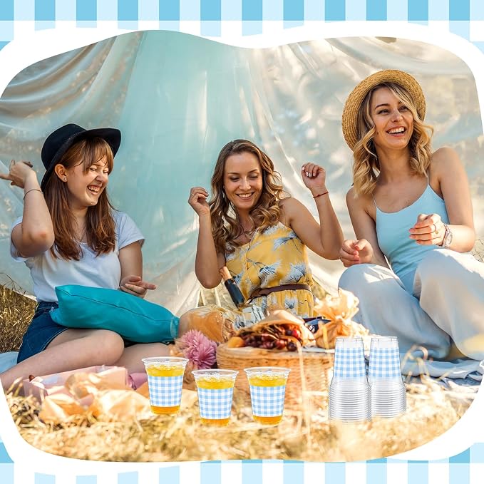 Qinyoung Checkered Plastic Cups 12oz Gingham Party Disposable Cups Bulk Drinking Cup for Cold Drinks Baby Shower Wedding Summer Birthday Party Supplies(Blue and White,100 Pcs)