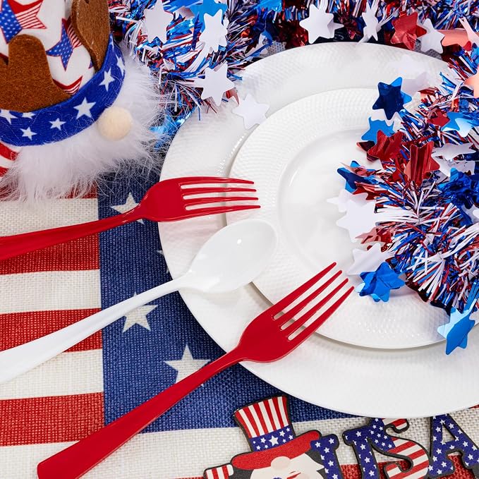 Liacere 400PCS 4th of July Pre Rolled Silverware and Napkin-Disposable Utensils-Wrapped Plastic Patriotic Cutlery Set,100 Red Forks,100 Blue Knives,100 White Spoons,100 Napkins for Independence Day