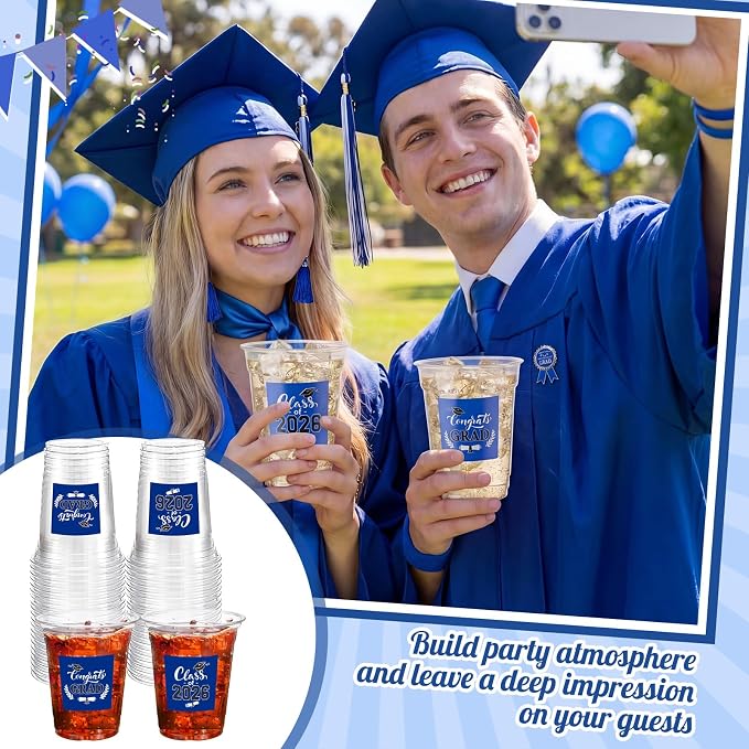 Amyhill 60 Pack 12oz Graduation Cups 2026 Graduation Decorations Disposable Plastic Cups Sturdy&Durable Drinkware for Class of 2026 Decorations Congrats Grad Party Favors Supplies (Red,Blue and White)