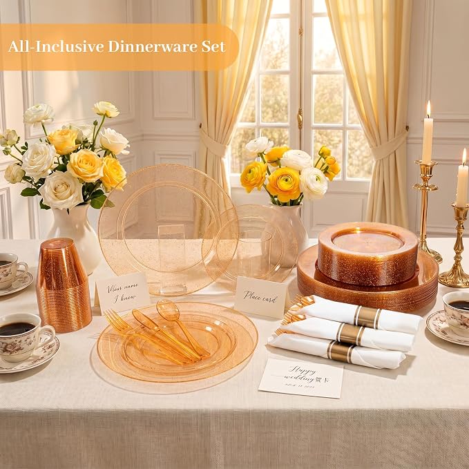 DaYammi 350PCS Orange Glitter Plastic Dinnerware Set for 50 Guests, Fancy Disposable Plates for Party, Include: 50 Dinner Plates, 50 Dessert Plates, 50 Pre Rolled Napkins with Silverware, 50 Cups