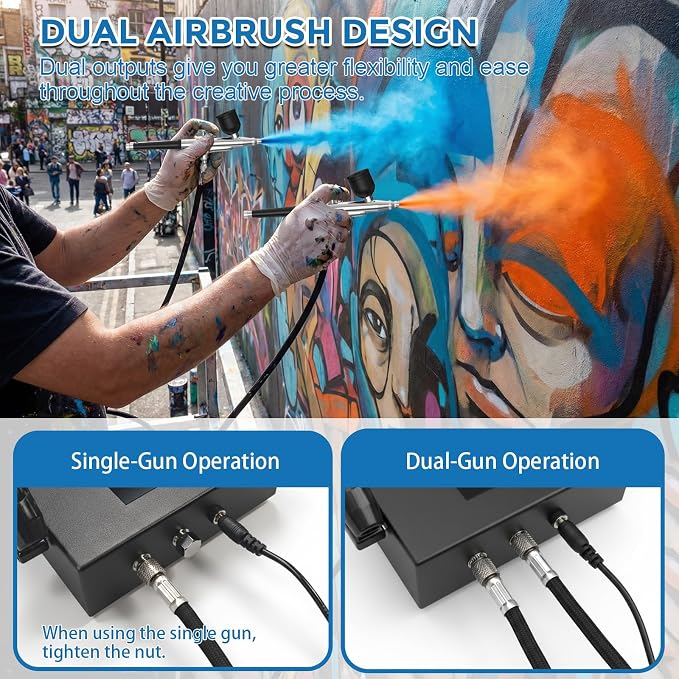 Airbrush Kit with Air Compressor Dual Airflow Version, 2 Airbrush Guns, 50 PSI Air Brush Kit with 0.2/0.3/0.5mm Nozzle for Painting, Modeling, Cake Decorating, Makeup, Nails, Crafts