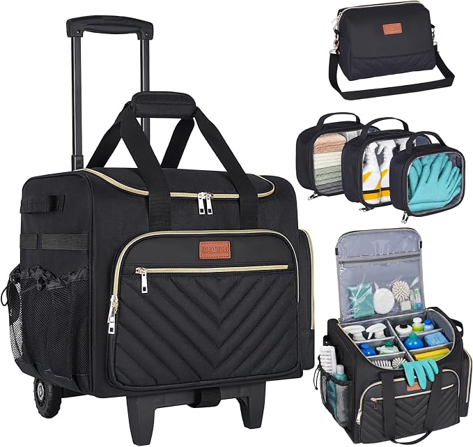 INSMEER Cleaning Caddy with Wheels, Large Cleaning Cart on Wheels with 3 Removable Clear Bags and 1 Shoulder Bag, Water Resistant Cleaner Supplies Organizer with Wheels for Kitchen, Tool Organizer