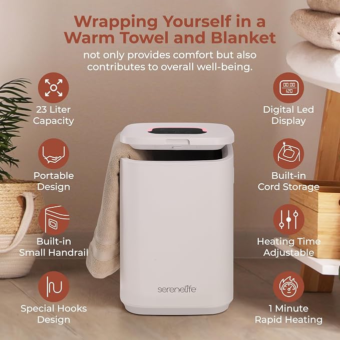SereneLife Towel Warmer Bucket - Compact 23L Bathroom Towel Heater with Essential Oils Disc Holder, Adjustable Timer, Auto Shut-Off, Power Cord Storage & LED Display, Fits 2 Oversized Towels (White)