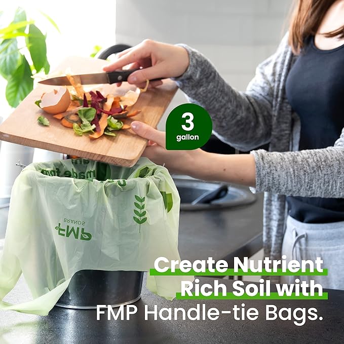 FMP Brands 100% Compostable Bags with Handle 2.6 Gallon 0.78 Mil Grocery Shopping Bags, Small Garbage Bags for Bathroom & Food Scrap, BPI & OK Compost Certified, ASTM D6400 Compliant - [1000 Count]