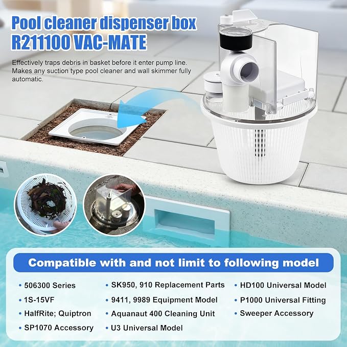R211100 Vac-Mate Pool Cleaner Dispenser Box,Replacement Multi-Function Skimmer Attachment, Comes with Basket, Pressure Gauge & Install Kit, Fits Pentair, Certikin, Filtrite, PoolRite | Multi-Function Skimmer Attachment