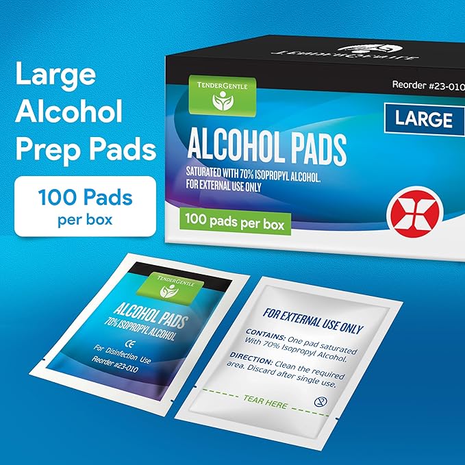 Alcohol Wipes Individually Wrapped - 100 Sterile Alcohol Prep Pads with 70% Isopropyl - Skin Prep Swabs for First Aid, Injections, Nails, and Medical Use - Large, White, Unscented