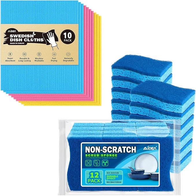 AIDEA-Brite Non-Scratch Scrub Sponge-24Count, Sponges for Dishes, Cleaning Sponge, Cleans Fast Without Scratching, Stands Up to Stuck-on Grime, Cleaning Power for Everyday Jobs