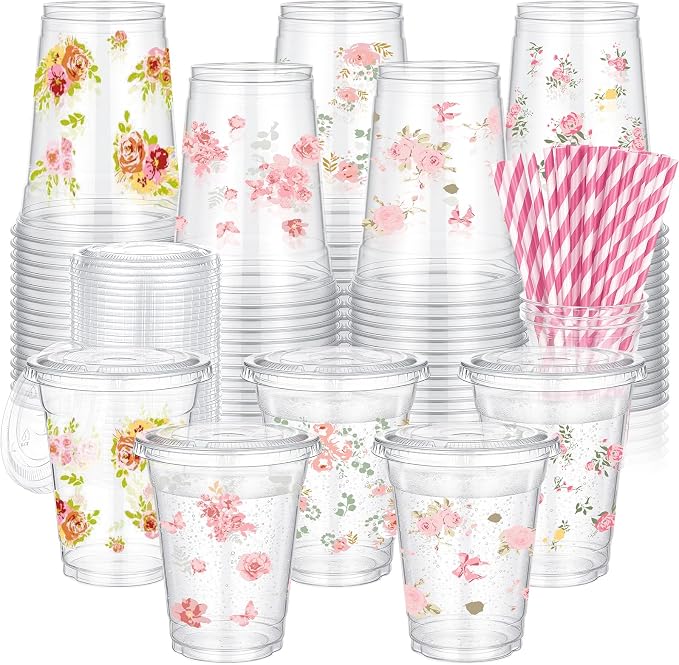 FoldTier 100 Pcs 12 oz Pink Floral Plastic Cups with Lids and Straws - Tea Party Disposable Cold Drink Cups for Baby Bloom Baby Shower, Love in Bloom Bridal Shower, Flower Graduation Party Decoration