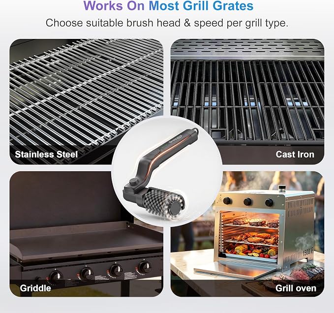 Electric Grill Brush, 20kg High Torque BBQ Cleaner with 3 Speed Modes, Reinforced Steel Bristle Scrubber, Type-C Rechargeable, Safe for Cast Iron & Porcelain Grates