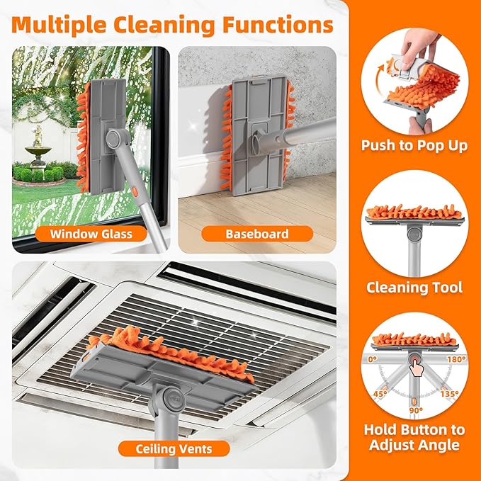Ceiling Fan Cleaner Duster with 6 Ft/77'' Extension Pole Multi-Functional Chenille Duster Cleaner Kit for Cleaning Fan Blade, Baseboard, Blind, Cobweb, High Ceiling Walls - Reusable & Machine Washable