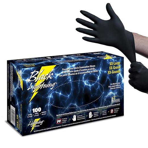 Black Lightning Nitrile Gloves 6 Mil, Disposable Powder-Free Exam & Work Gloves, Heavy Duty Chemical Resistant, Food Safe, Medical & Mechanic Gloves, Black, XXL , 100 Count