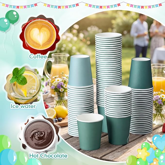 100 Pcs Sage Green Paper Cups 7 oz Disposable Party Cups Bulk for Birthday Rainbow Party Supplies DIY and Holiday Hot Cold Beverage