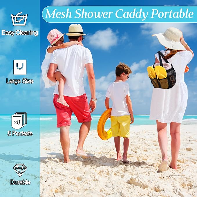 8 Packs Mesh Shower Caddy Portable Large Shower Caddy Dorm with 8 Pockets and Handles Quick Dry Shower Bags Hanging Bath Bag Dorm Room College Essentials for Bathroom Gym Camp (Black)