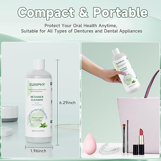 kunphy Ultrasonic Retainer Cleaner Solution Concentrate - 2 Pack Value Bundle, Professional Cleaning for Retainers, Dentures, Invisible Aligners, Mouth Guards, Removes Odors & Stains, 16 oz (Mint)