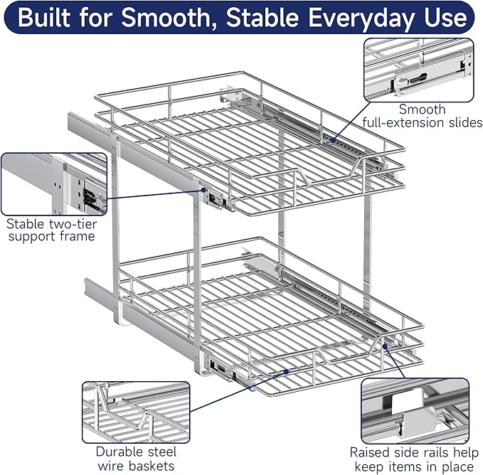 2-Tier Pull Out Cabinet Organizer, 15.5" W x 21.5" D, Heavy Duty Dual Slide Out Shelves for Base Cabinets, Chrome Wire Basket Drawer for Pantry, Kitchen & Bathroom Storage