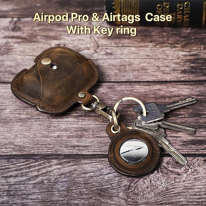 Leather Case Compatible with AirPods Pro 2nd/1st Generation/Compatible with Airtags, Cute Soft Genuine Leather PU Protective Case Cover with Keychain for Man